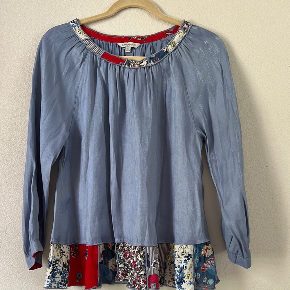 John Mark Blue Blouse with Floral Hem